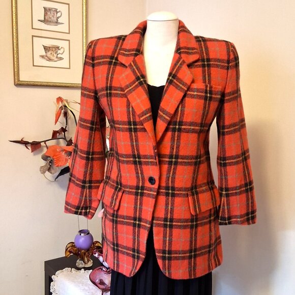 Vintage Jones New York Orang Red Wool Lined Blazer Checkered Pattern Jacket - Picture 6 of 7